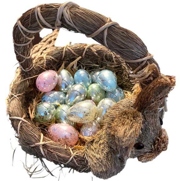 💕 SOLD 💕 Extra Large Sisal EASTER BASKET Bunny Rabbit Metallic Eggs 15" L x 14 - Picture 8 of 12